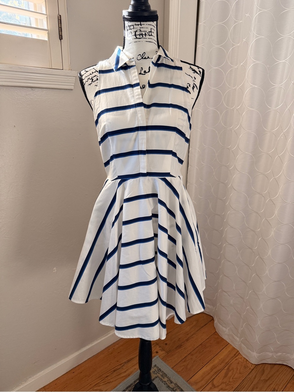 Express White and Navy Sleeveless Striped Fit-and-Flare Mini Dress